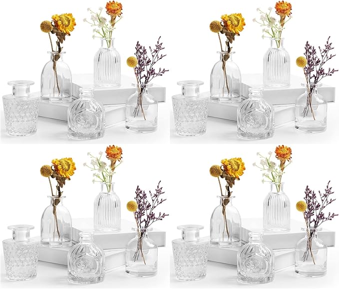 Bud Vases in Bulk - Small Glass Vase Set of 20 Different Shape Vintage, Mini Vases Clear for Flowers, Table, Wedding, Centerpieces, Home Decor