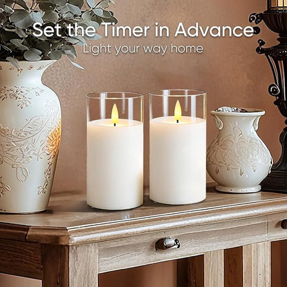 5plots Flameless Battery Operated Candles Set of 2, White LED Candles with Remote Timer, Real Wax Glass Pillar Candles Warm Flickering Light for Indoor Home, Halloween, Christmas Decor D3 x H6 6"