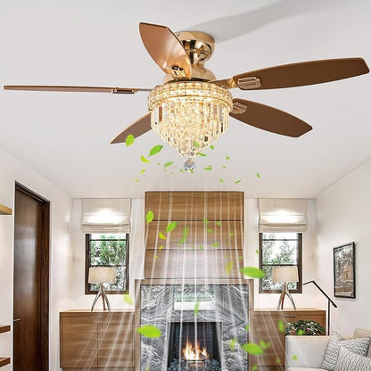 Crystal Ceiling Fan Fandelier with Lights-Ceiling Fans with Lights,50" Low Profile and Remote Control, Flush Mount, Reversible, Dimmable, Noiseless,Ceiling Fan for Bedroom（Gold）