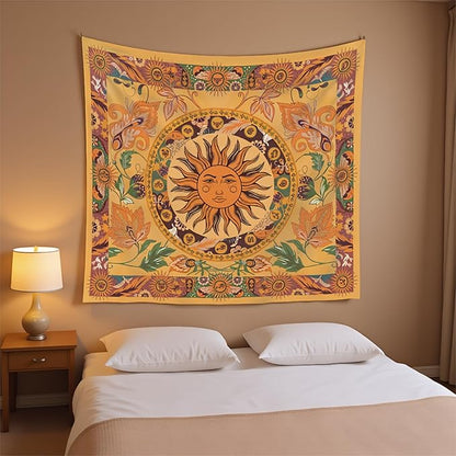 Boho Sun Tapestry Vintage Yellow Tapestry Retro Sunflowers Aesthetic Easy Installation HD Digital Print Wall Hanging for Bedroom Living Room Dorm Home Decor(Organe Sun, 60"x80")