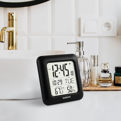 KADAMS Bathroom Clock 9.5" Kitchen Wall Clock with Large LCD Screen – Shower Clock with Suction Cup,Temperature, Humidity, Calendar – Water-Resistant, 4 Mounting Options, Black