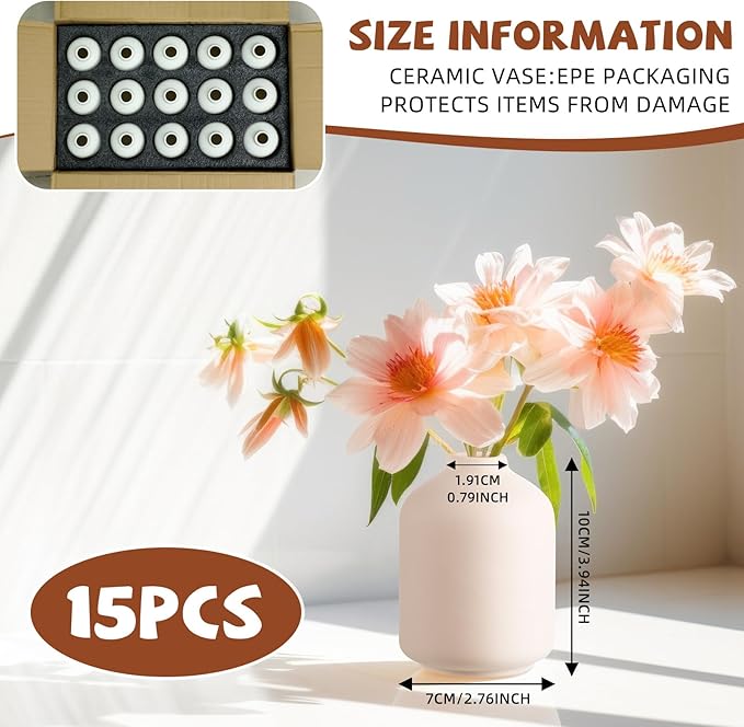 Tioncy 15 Set 3.9"*2.76" White Ceramic Bud Vases Bulk Boho Small Flower Valentine's Day Decoration Centerpieces White Ceramic Vases for Dry Flowers Pampas Grass Home Valentines DIY Wedding Table Decor