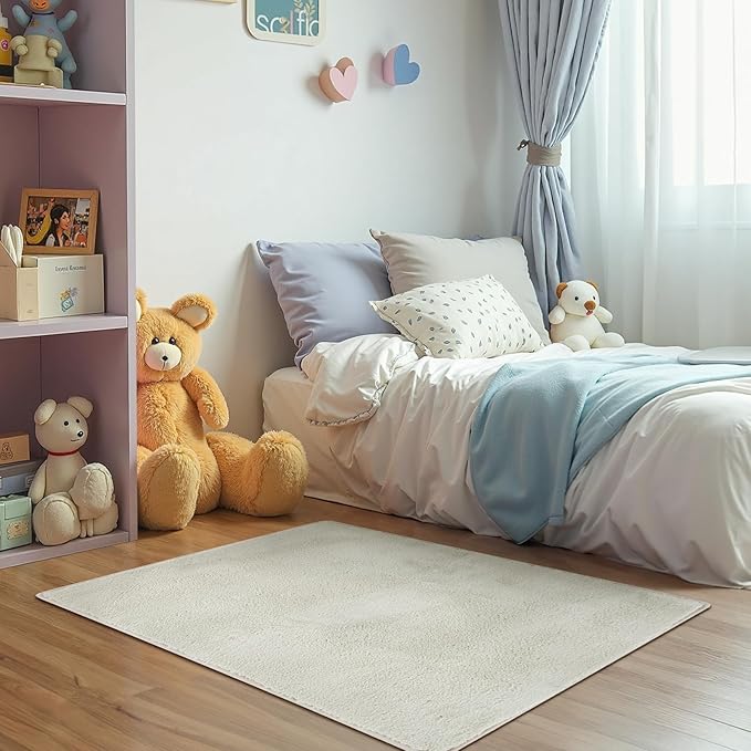 jinchan Solid Plush Area Rug 3x5 Performance Shaggy Washable Rug Indoor Soft Modern Faux Wool Cozy Non Slip Carpet for Living Room Kids Room Bedroom Dining Room Nursery Ivory