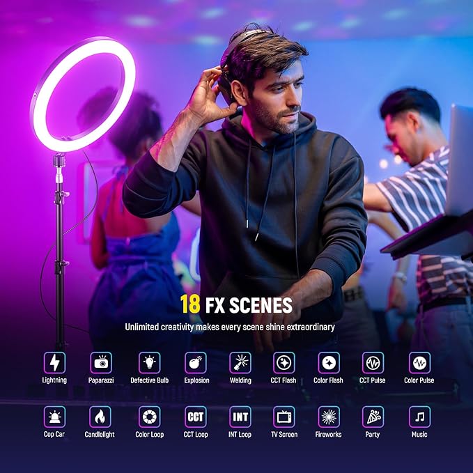 NEEWER 12" 24W High Power RGB LED Ring Light USB C PD Input Phone Selfie Lighting with Tripod Stand 2500-10000K CRI95+ TLCI97+ 1780lux/0.5m for iPhone Makeup Video Recording Studio Photography, RH12C