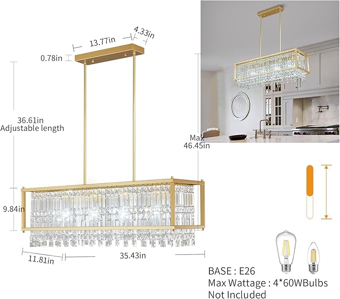 LMQNINE Modern Rectangle Chandelier for Dining Room, Gold Crystal Chandelier Linear Light Fixture, Farmhouse Chandeliers for Kitchen Island, Bar Table, L35.43'' x W11.81'' x H9.84''