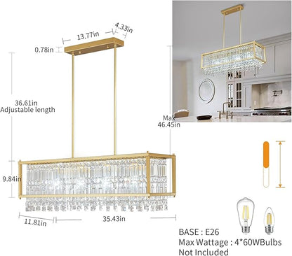 LMQNINE Modern Rectangle Chandelier for Dining Room, Gold Crystal Chandelier Linear Light Fixture, Farmhouse Chandeliers for Kitchen Island, Bar Table, L35.43'' x W11.81'' x H9.84''