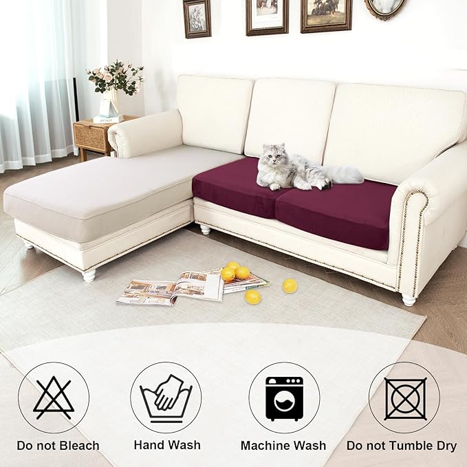 NAISI Waterproof Couch Cushion Covers Thick Velvet Fabric Washable Sofa Slipcovers 2 Pieces Individual Sectional Couch Covers with Elastic Bottom(2 Pcs for 2-Seat or Backrest, Burgundy)
