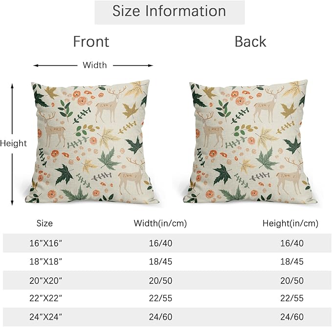 Deer Fall Pillow Covers 20x20 Set of 2 Green Cream Maple Leaf Autumn Outdoor Christmas Pillows Case Animal Print Pattern Decorative Xmas Cushion Cover Rustic Decoration Farmhouse Sofa Couch Bed Decor