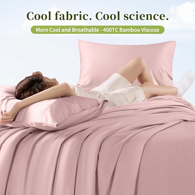 Shilucheng 100% Viscose Derived from Bamboo_ Sheets Queen Size 6pcs - Ultra Cooling & Silky Soft Bed Sheets, 16" Deep Pocket, Perfect for Hot Sleepers, Hotel Bedding Sheets (Light Pink)
