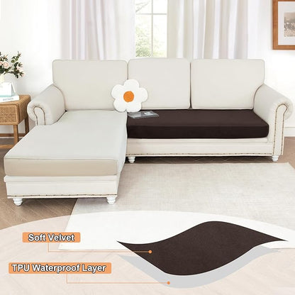 NAISI Waterproof Couch Cushion Covers Thick Velvet Fabric Washable Sofa Slipcovers 1 Piece Individual Sectional Couch Covers with Elastic Bottom(1 PC for 2-Seat Cushion or Loveseat,Coffee)