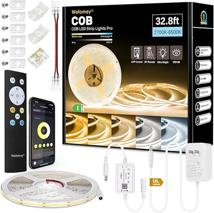 COB LED Strip Light White, 33ft Dimmable 2700K-6500K High Density 24V Flexible LED Tape Light with Remote and APP Control, UL-Listed White led Strip Lights for Bedroom Kitchen Christmas Decor