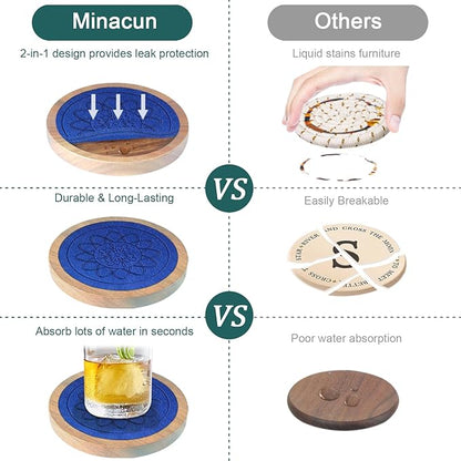 5 Pack Wood Coasters for Drinks, Minacun Absorbent Coaster Set, Drinks Coasters for Coffee Tabletop Protection, Non-Slip, Non-Stick, Suitable for Kinds of Cups Wooden Table Drink, 4.3 Inch Blue