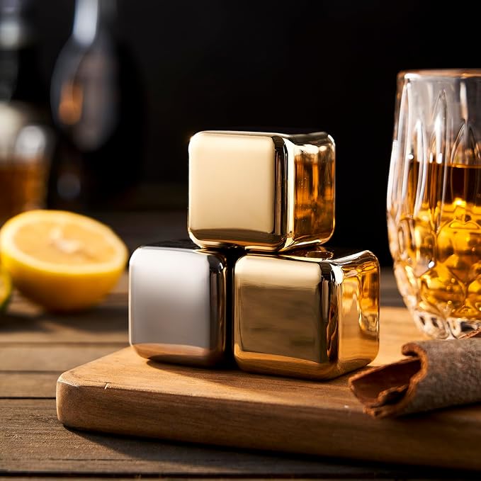 4 Large Whiskey Stones 64 cm³ (4 cu in) - Man Gift Set - Reusable Stainless Steel Metal Ice Sphere Cubes Beverage Chilling Rocks Whiskey Stones for Red Wine, Bar Beer, Scotch, Vodka Drinks - Gold