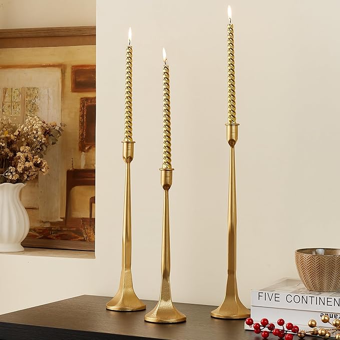 Iron Taper Candle Holder Set of 3 15.5" 14" 12" Decorative Modern Vintage Metal Tall Candlestick Holders for Wedding, Dinning Table,Mantle, Party Decoration（3, Antique Brass）