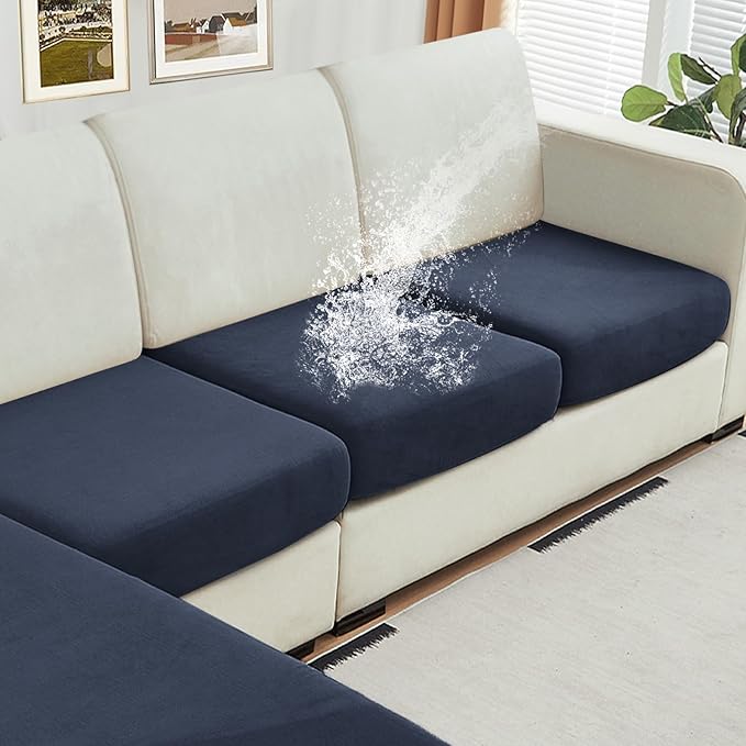 NAISI Waterproof Couch Cushion Covers Thick Velvet Fabric Washable Sofa Slipcovers 3 Pieces Individual Sectional Couch Covers with Elastic Bottom(3 Pcs for 3-Seat or Backrest,Navy)