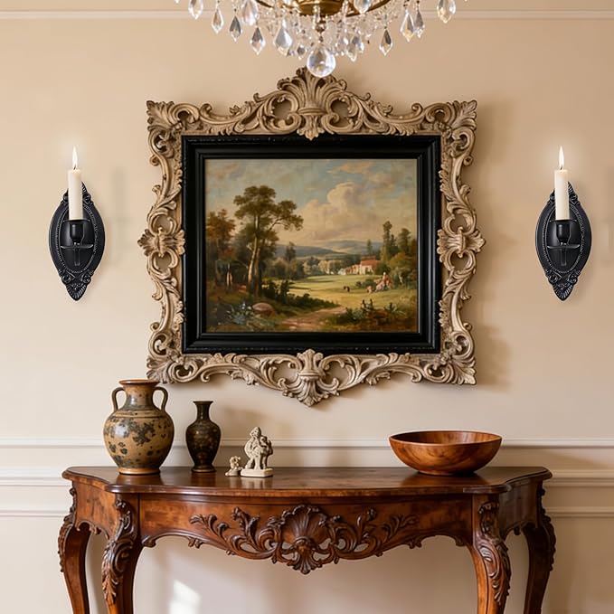 Black Candle Sconces Set of Two, Victorian Decor Royal Wall Sconce, Metal Rustic Candle Holder Baroque Home Wall Decor for Living Room, Dining Room, Bedroom, Fireplace, Hallway, Window