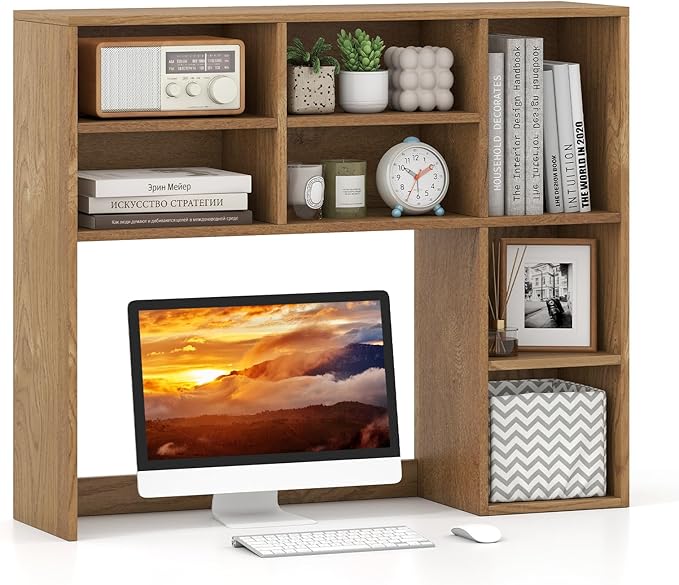 GOFLAME Desktop Bookshelf, 37” Desk Organizer Shelf with 7 Cubes & 3 Adjustable Shelves, 3-Tier Wood Countertop Display Rack, Multipurpose Tabletop Desk Hutch for Dorm, Home Office (Natural)