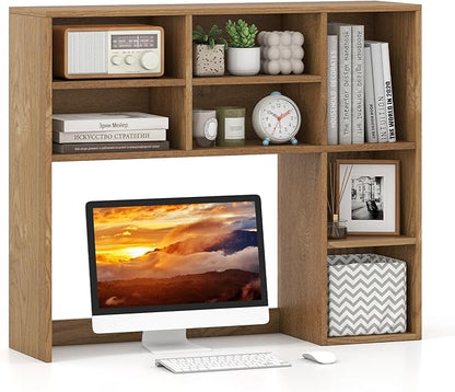 GOFLAME Desktop Bookshelf, 37” Desk Organizer Shelf with 7 Cubes & 3 Adjustable Shelves, 3-Tier Wood Countertop Display Rack, Multipurpose Tabletop Desk Hutch for Dorm, Home Office (Natural)