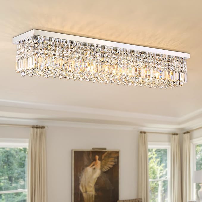 Siljoy Modern Crystal Chandelier 10-Lights Rectangular Flush Mount Pendant Ceiling Light Fixture Rectangle K9 Crystal Raindrop Chandelier for Dining Living Room Kitchen Island L47'' x W10'' x H10'