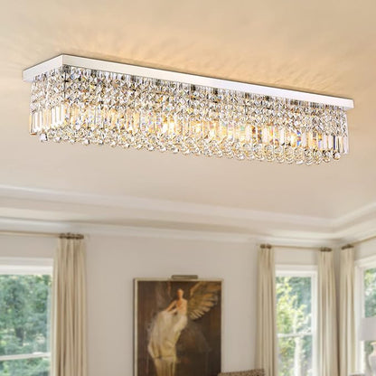 Siljoy Modern Crystal Chandelier 10-Lights Rectangular Flush Mount Pendant Ceiling Light Fixture Rectangle K9 Crystal Raindrop Chandelier for Dining Living Room Kitchen Island L47'' x W10'' x H10'