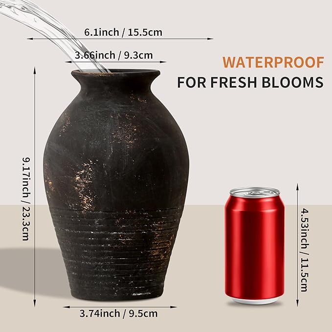 Black Ceramic Flower Vase, 9.17 Inch Pottery Rustic Vase for Shelf,Tabletop, Vintage Farmhouse Home Decor for Coffee Table, Living Room,Mantle, Fireplace, Entryway