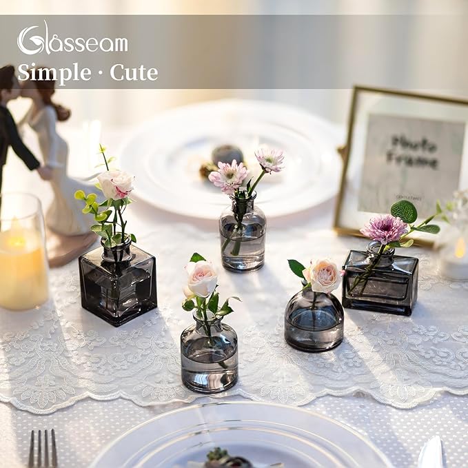 Glasseam Bud Flower Vases in Bulk: 40 Glass Cute Small Vases for Centerpieces Vintage Mini Wedding Birthday Party Table Centerpieces Tiny Baby Shower Dining Room Decoration Black Grey
