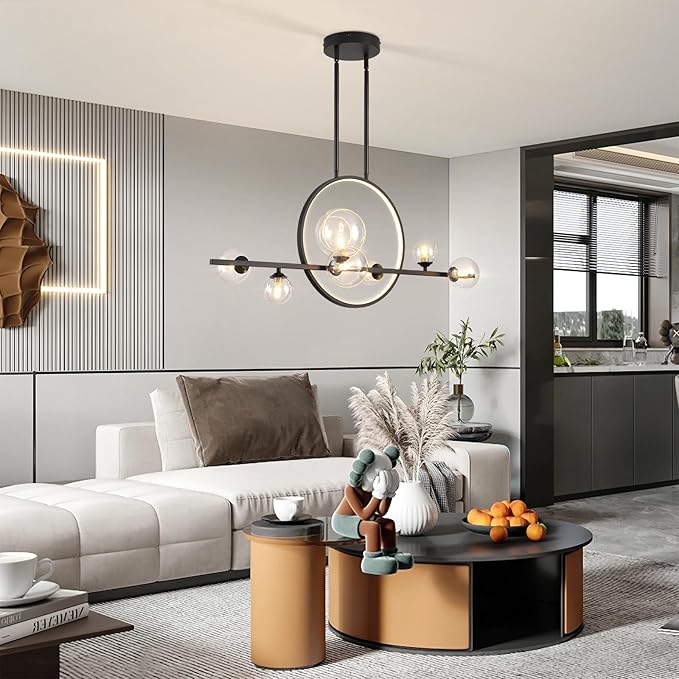 Modern 7 Light Dining Room Chandelier,37.4" Black Dimmable Linear Pendant Lights with Globe Glass Shade,Minimalist Island Light for Dining Room, Office, Kitchen