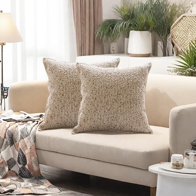 Emvency Beige Textured Boucle Throw Pillow Covers 18x18 Inches Set of 2, Boho Farmhouse Striped Chic Modern Art Square Decorative Couch Pillowcases for Home Decor Bedroom Sofa Living Room