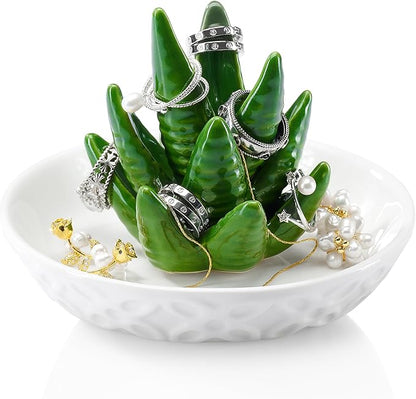 OSOPOLA Ceramic Aloe Jewelry Tray - Decorative Ring Holder Dish Key Tray Cute Jewelry Plate Trinket for Earrings,Necklaces,Women,Home Decor,Christmas Birthday Mother's Day Gifts HE02AV