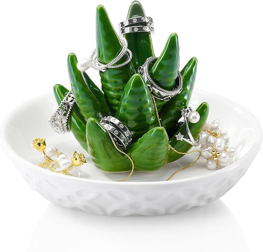 OSOPOLA Ceramic Aloe Jewelry Tray - Decorative Ring Holder Dish Key Tray Cute Jewelry Plate Trinket for Earrings,Necklaces,Women,Home Decor,Christmas Birthday Mother's Day Gifts HE02AV