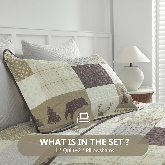 Quilts King Size, King Quilt Bedding Set Bedspread, 100% Cotton Farmhouse Rustic Quilt for King Bed, Reversible Lightweight Comforter Bed Spread with Wildlife Patterns, Cream/Brown/Gray