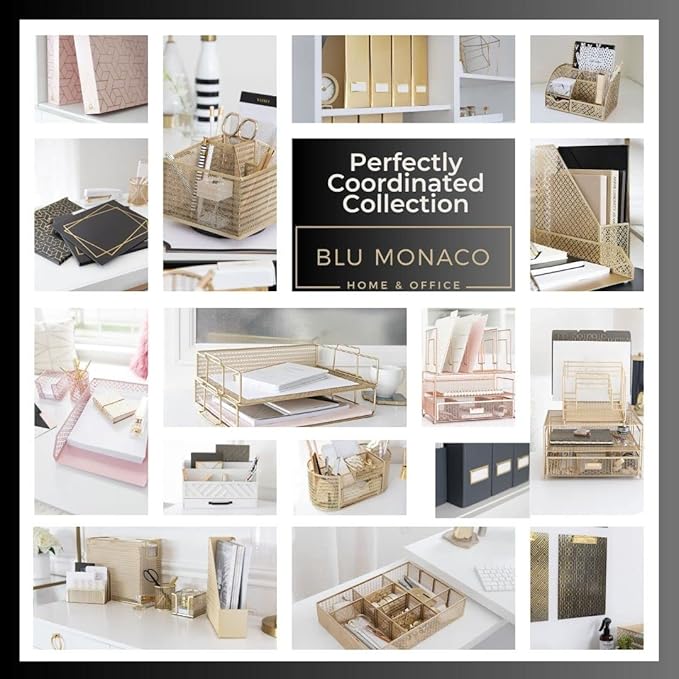BLU MONACO Set of 4 Gold & White Striped Magazine File Boxes | Foldable Cardboard File Organizer Boxes with Gold Label Holders | Stylish Desk Organizer for Home Office and Classroom