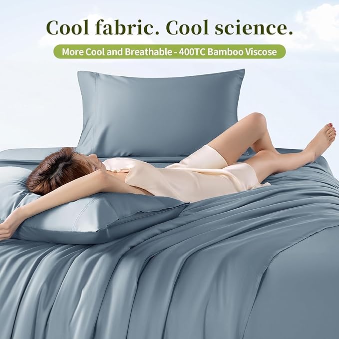 Shilucheng 100% Viscose Derived from Bamboo Cal King Size 4pcs Ultra Cooling & Silky Soft Bed Sheets, 16" Deep Pocket, Perfect for Hot Sleepers, Hotel Bedding Sheets (French Blue)