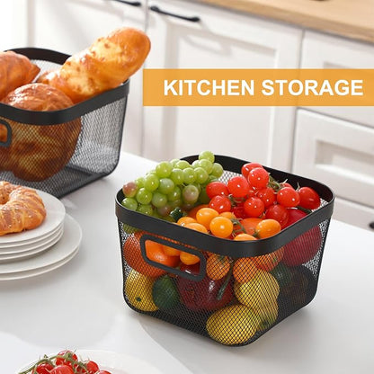 4 Pack Metal Mesh Basket with Hollow Handles Black Wire Storage Bin for Organizing Stackable Metal Fine Mesh Basket for Pantry Bathroom Kitchen Cabinets Shelves (Medium)
