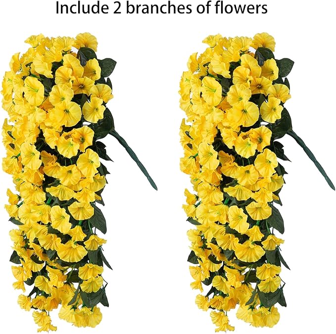 HyeFlora Artificial Fake Hanging Flowers Plants for Outdoor Outside Decoration, 2PCS Faux Silk UV Resistant Look Real Yellow Morning Glory Trailing Vines for Home Planter Porch Patio Balcony