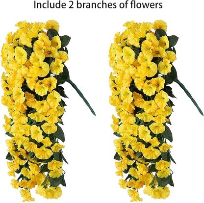 HyeFlora Artificial Fake Hanging Flowers Plants for Outdoor Outside Decoration, 2PCS Faux Silk UV Resistant Look Real Yellow Morning Glory Trailing Vines for Home Planter Porch Patio Balcony