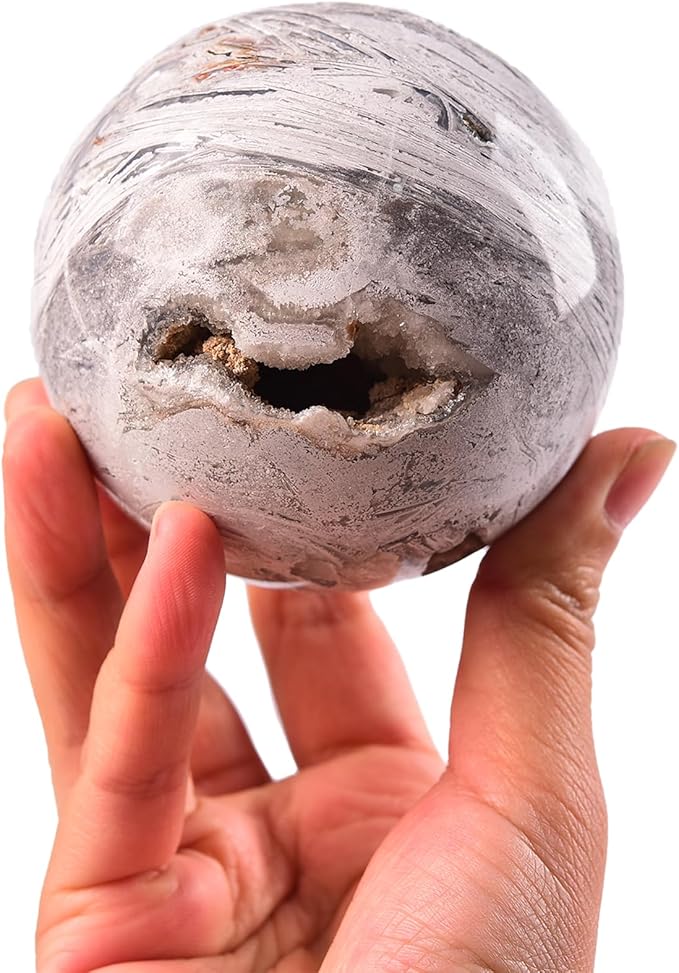 JIC Gem Natural Mexican White Agate Crystal Sphere with Wooden Stand Decorative Crystal Ball White Gemstone Sphere for Meditation,Feng Shui,Witch-Style Decor,Table 70-80mm