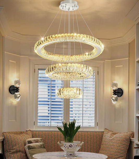 3 Rings LED Chandelier Modern Dimmable Dining Room Chanderliers Entryway Crystal Pendant Lights for Kitchen Bedroom Living Room Silver Light