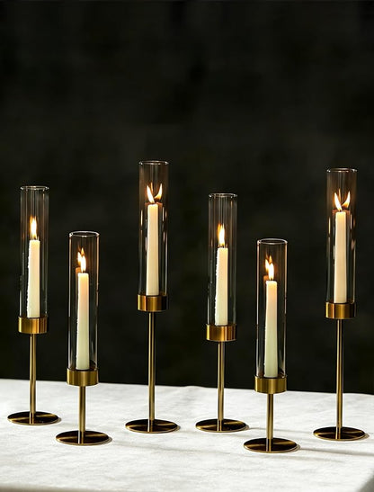 NUPTIO Hurricane Candle Holder for Centerpiece: Set of 6 Gold Taper Candle Holders Bulk - Tall Brass Candlestick Holders with Cylinder Shape Cover for Dinner Table Christmas Decor
