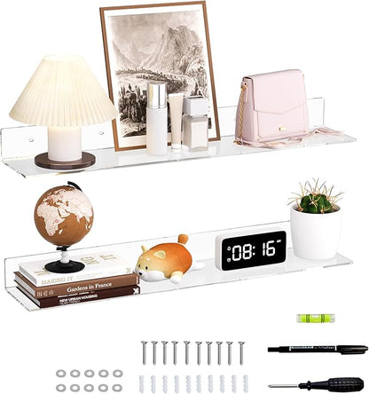 Sezanrpt 30 Inches Clear Long Floating Shelves for Wall, Acrylic Wall Shelf for Plants, Radio, Funko Pop, Books, Picture Frame, Clock, Cosmetics, Toiletries, 2 Pack(30 Inch)