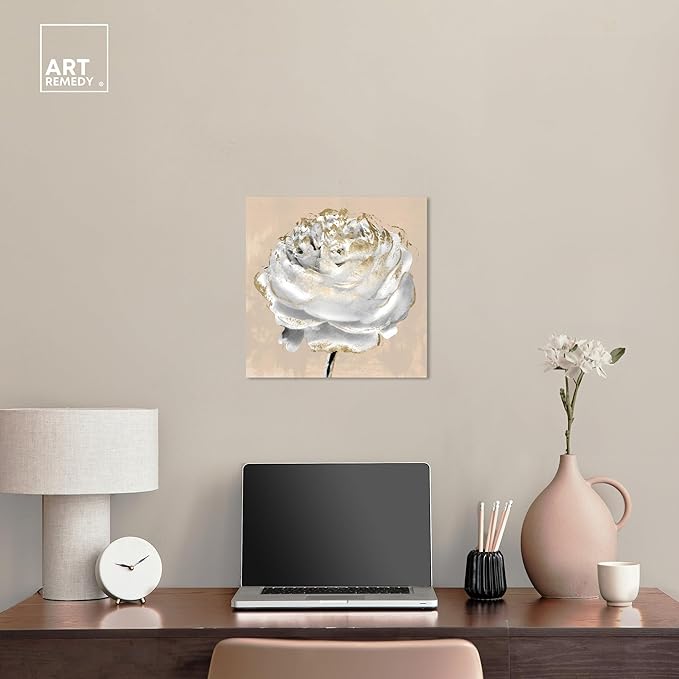 Art Remedy Beige Ranunculus Canvas Elegant White Gold Wall Art, Gallery Wrapped, 16" x 16"