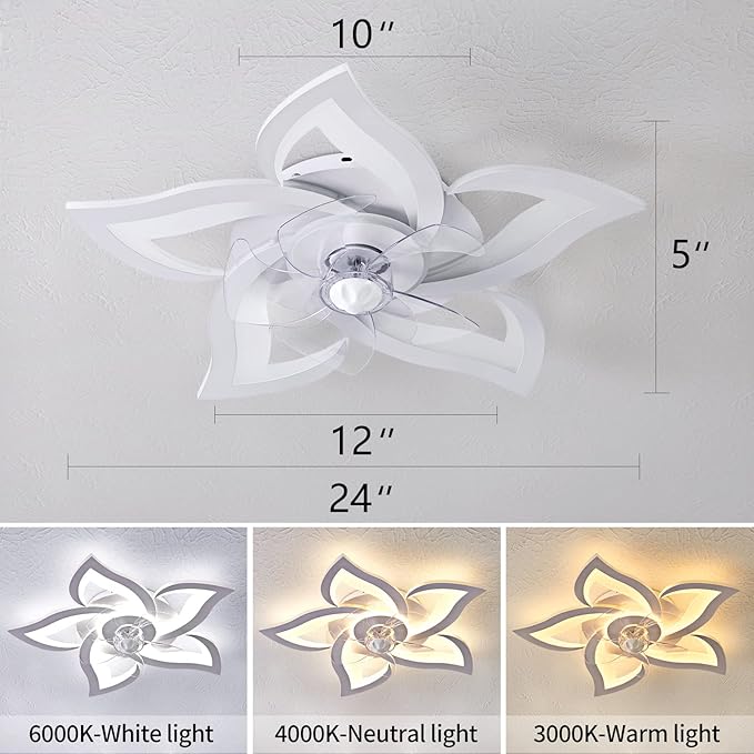 HuixuTe Ceiling Fan with Lights Remote Control, 3 Colors, 6 Speeds, 24" Geometric Bladeless Ceiling Fan, White Low Profile Ceiling Fan with Light for Kitchen Bedroom