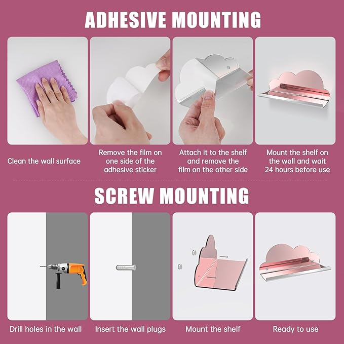 NiHome 2-Pack Rose Gold Mirror Finish Cloud-Shaped Acrylic Floating Shelves - Stylish Wall Decor for Bedrooms, Bathroom Vanity & More - Versatile Mirrored Shelves for Decorative Display and Storage