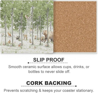 Square-4PCS Forest Ceramic Coasters, Square Absorbent Drink Coasters, Cartoon Forest Nature Animal Bear, Deer, Fox, Rabbit Style Ceramic Table Coasters for Coffee, Beverage, Wine, Beer Coasters