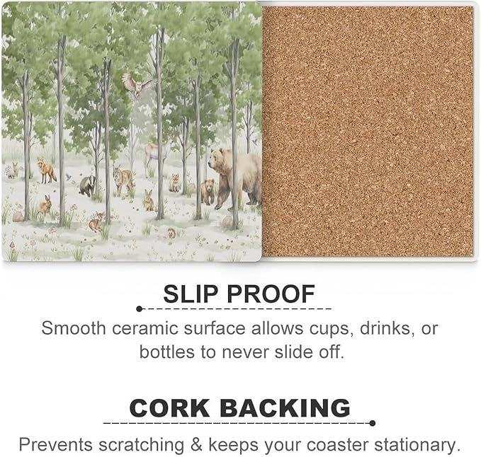 Square-6PCS Forest Ceramic Coasters, Square Absorbent Drink Coasters, Cartoon Forest Nature Animal Bear, Deer, Fox, Rabbit Style Ceramic Table Coasters for Coffee, Beverage, Wine, Beer Coasters