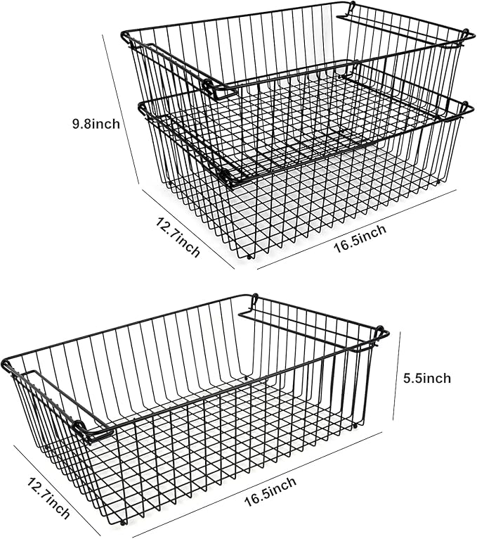Set of 2 Stackable XXL Wire Baskets For Pantry Storage and Organization -16x12in Large Metal Food Baskets -Vegetable,Fruit,Potato,Onio, Pantry Storage Bins With Handles (White, XXL)