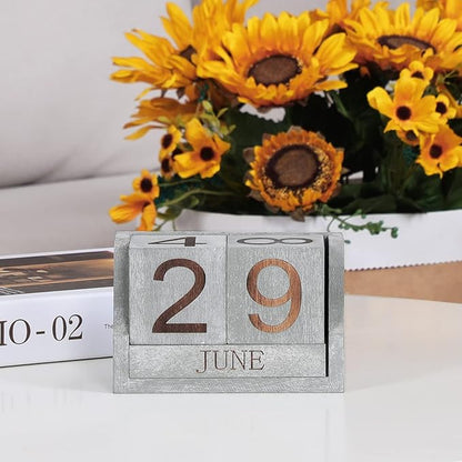 Wooden Desk Calendar,Desk Calendar Blocks for Teachers,Office Perpetual Date Block Small Home Desktop Decor Chic Vintage Month with Number Cubes Display Rustic Decoration(Vintage Grey)