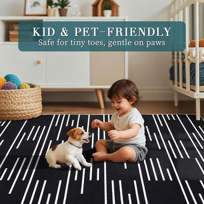 YIHOUSE Abstract Washable Rug 6x9,Ultra Thin Non Slip Black Rugs for Living Room,Modern Minimalist White Stripe Rugs for Bedroom,Dining Room Office Playroom (6'x9',Black-3)