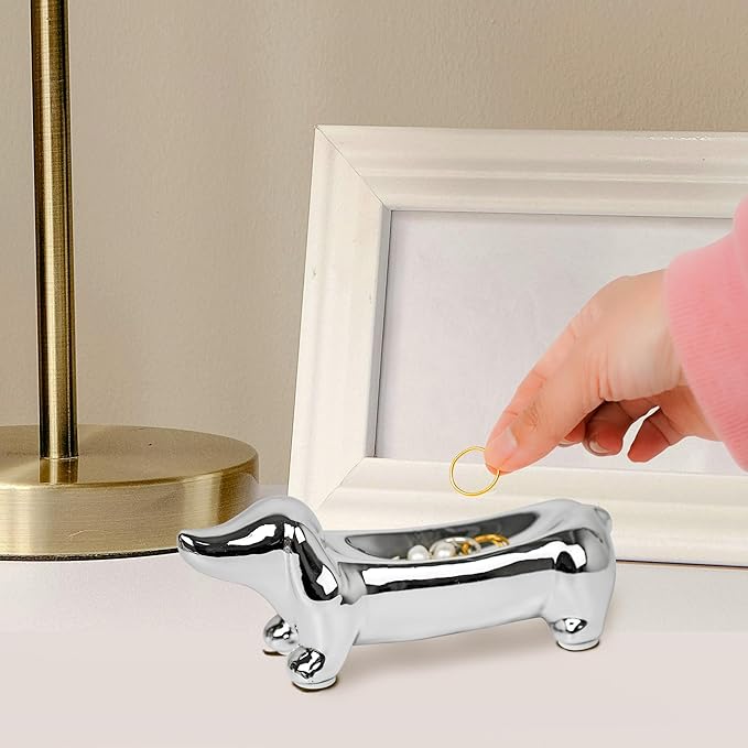YOBRO Dachshund Ceramic Trinket Tray for Jewelry & Keys - Mini Decorative Dish, Dog Lover Gift, Engagement Ring Organizer (Silver)