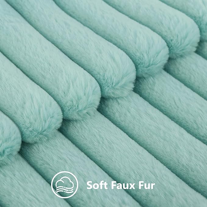 decorUhome Faux Fur Spring Throw Pillow Covers 22x22 Set of 2, Decorative Soft Plush Striped Neutral Couch Euro Sham Pillow Covers with Velvet Back for Sofa, Bed, Living Room Home, Aqua